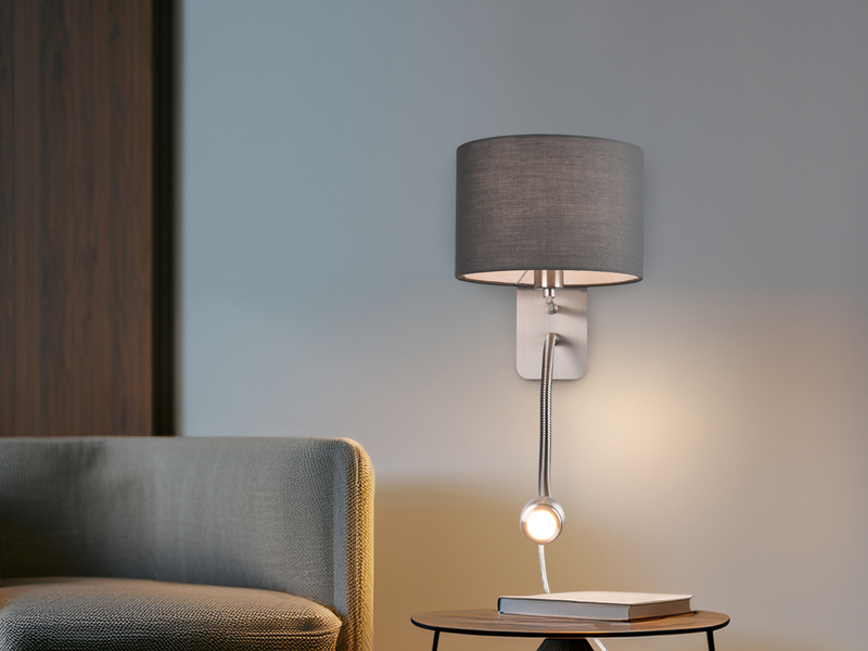 LED Wandleuchte mit Leselampe, Schalter & Stecker, Stoffschirm Grau, Höhe 23,5cm
