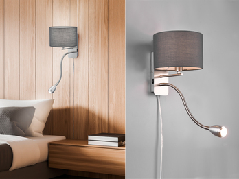 LED Wandleuchte Silber matt mit Stoffschirm Grau & Leselampe, Höhe 23,5cm