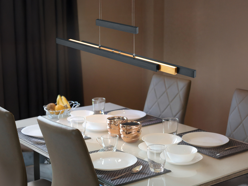 LED Pendelleuchte TRAJAN ausziehbar höhenverstellbar Schwarz Gold, Breite 150cm
