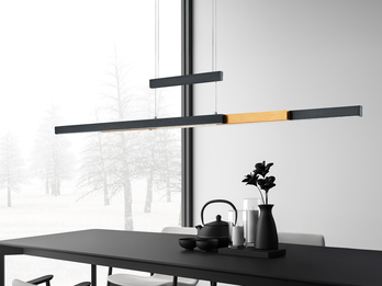 LED Pendelleuchte TRAJAN ausziehbar höhenverstellbar Schwarz Gold, Breite 150cm