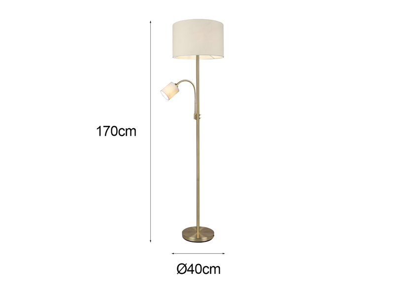 Große Stehlampe mit Leselampe, LED dimmbar, Messing Stoff Cremeweiß, Höhe 170cm