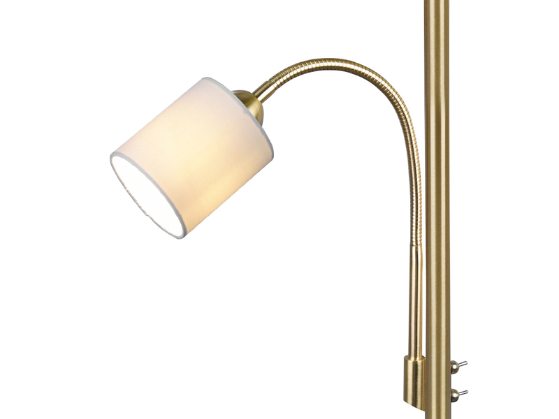 Große Stehlampe mit Leselampe, LED dimmbar, Messing Stoff Cremeweiß, Höhe 170cm