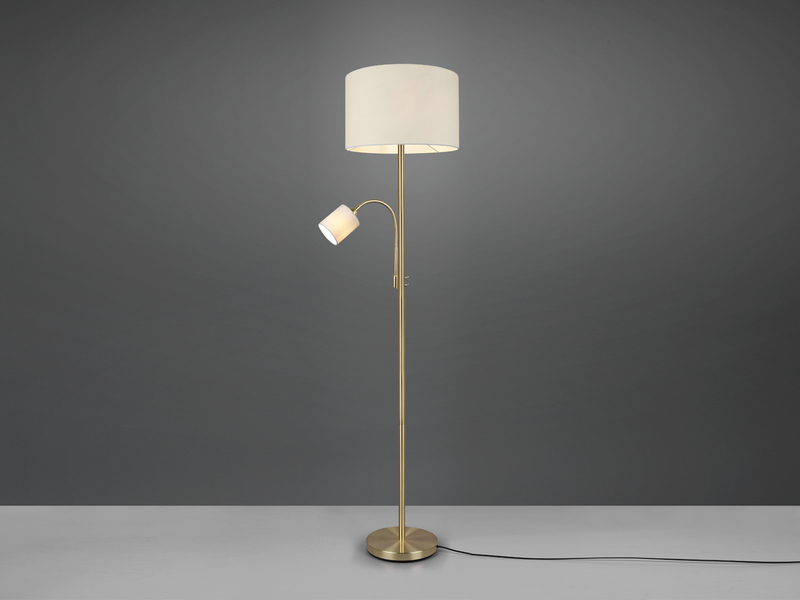 Große Stehlampe mit Leselampe, LED dimmbar, Messing Stoff Cremeweiß, Höhe 170cm