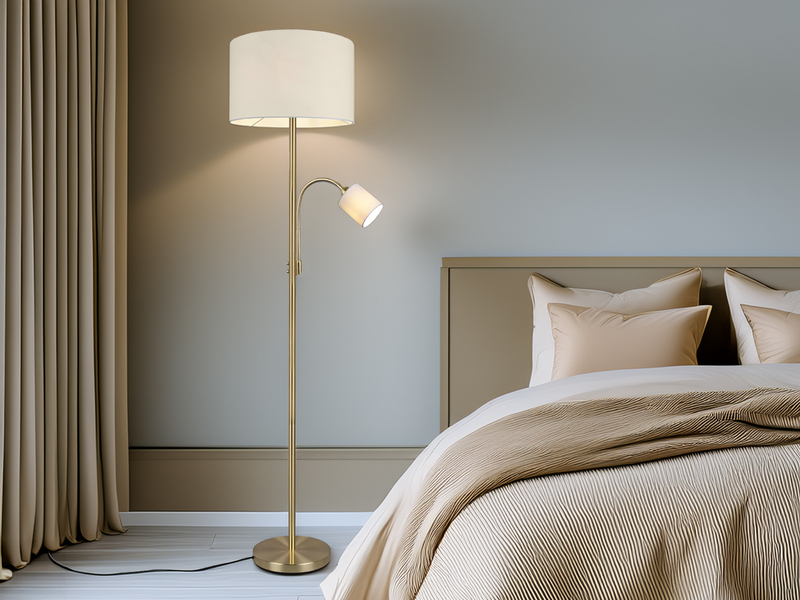 Große Stehlampe mit Leselampe, LED dimmbar, Messing Stoff Cremeweiß, Höhe 170cm