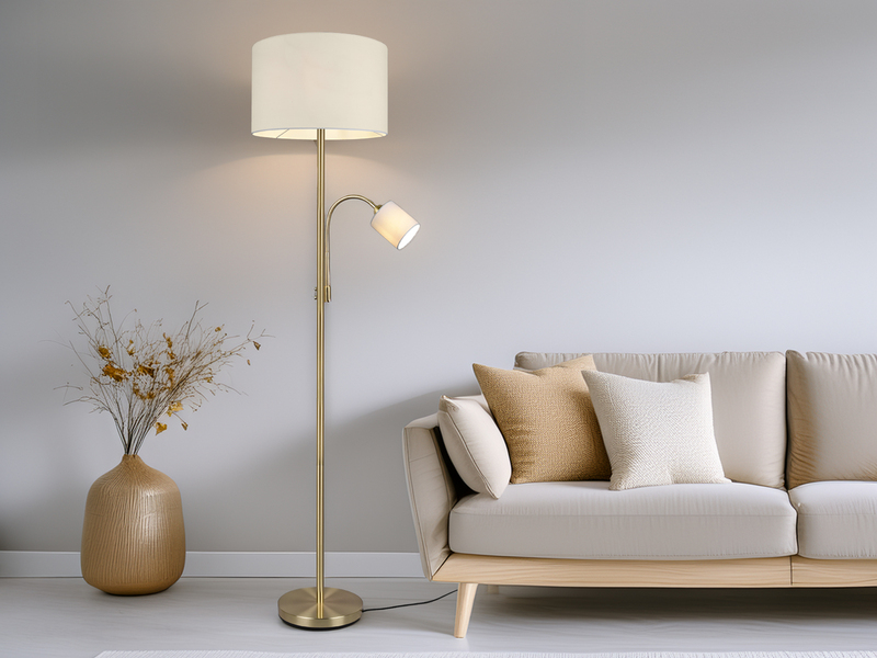 Große Stehlampe mit Leselampe, LED dimmbar, Messing Stoff Cremeweiß, Höhe 170cm