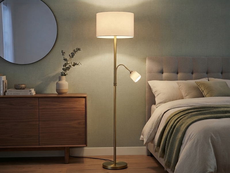 Große Stehlampe mit Leselampe, LED dimmbar, Messing Stoff Cremeweiß, Höhe 170cm