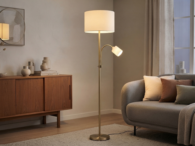 Große Stehlampe mit Leselampe, LED dimmbar, Messing Stoff Cremeweiß, Höhe 170cm