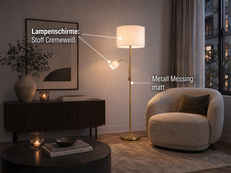 Große Stehlampe mit Leselampe, LED dimmbar, Messing Stoff Cremeweiß, Höhe 170cm