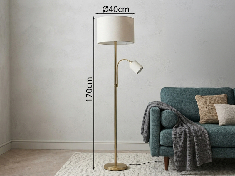 Große Stehlampe mit Leselampe, LED dimmbar, Messing Stoff Cremeweiß, Höhe 170cm