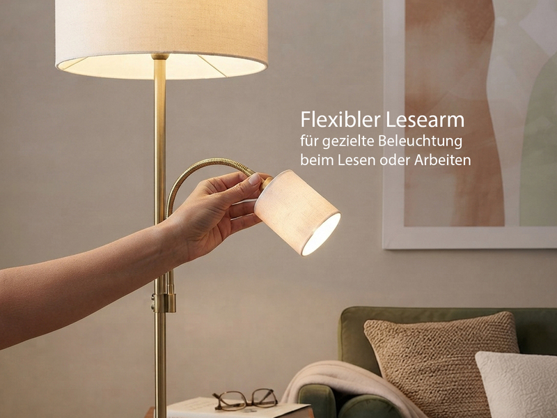 Große Stehlampe mit Leselampe, LED dimmbar, Messing Stoff Cremeweiß, Höhe 170cm