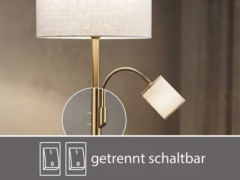 Große Stehlampe mit Leselampe, LED dimmbar, Messing Stoff Cremeweiß, Höhe 170cm
