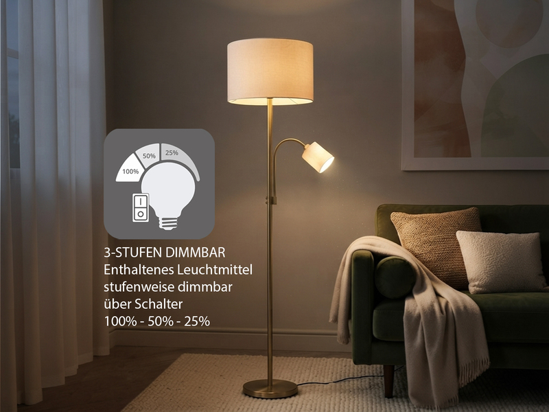 Große Stehlampe mit Leselampe, LED dimmbar, Messing Stoff Cremeweiß, Höhe 170cm