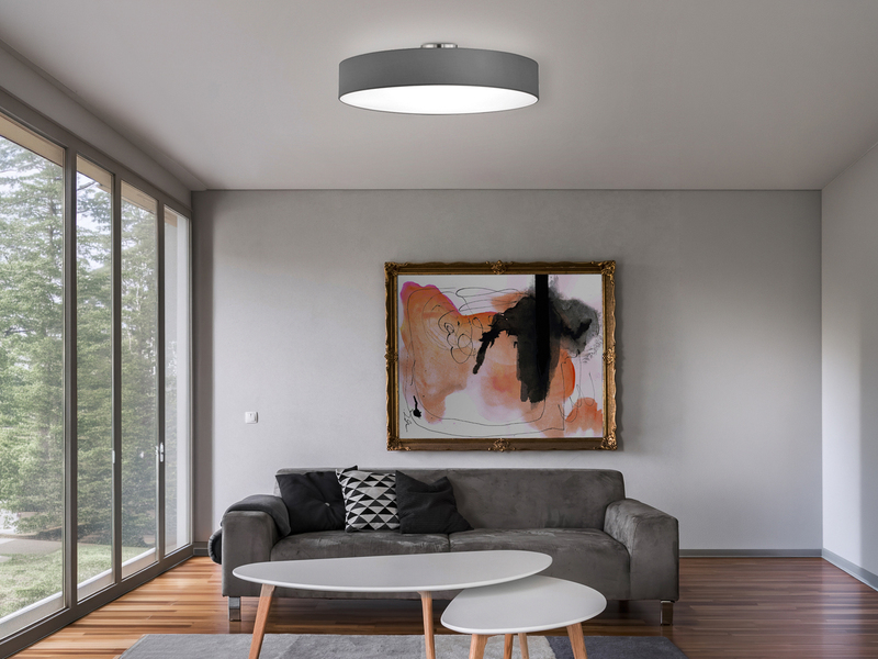 Runde LED Deckenleuchte mit Stoffschirm in Grau, Ø 65cm
