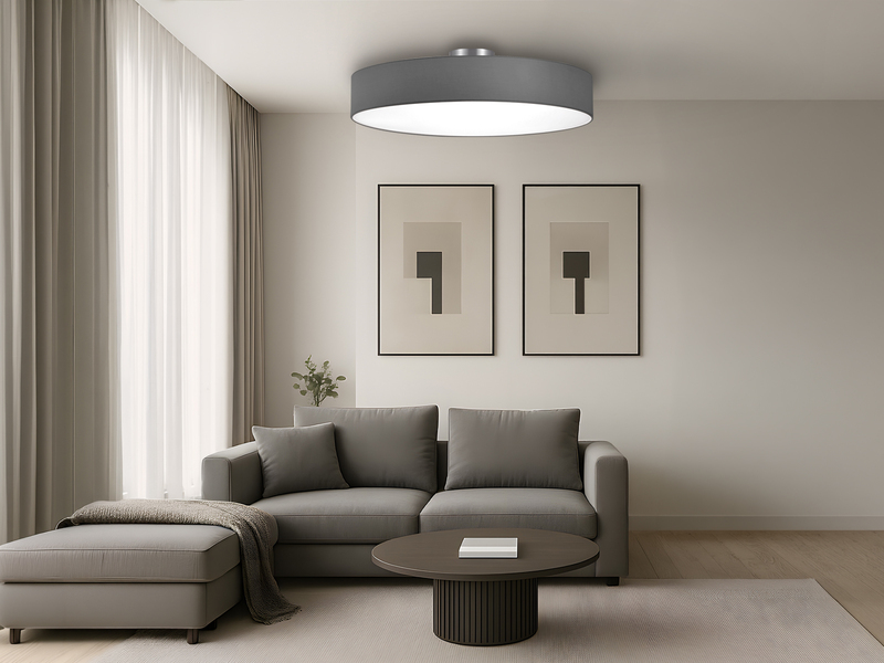 Runde LED Deckenleuchte mit Stoffschirm in Grau, Ø 65cm