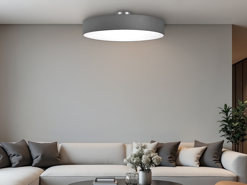 Runde LED Deckenleuchte mit Stoffschirm in Grau, Ø 65cm