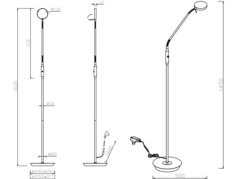 LED Stehleuchte MONZA dimmbar mit Flexarm, Höhe 145cm, Silber