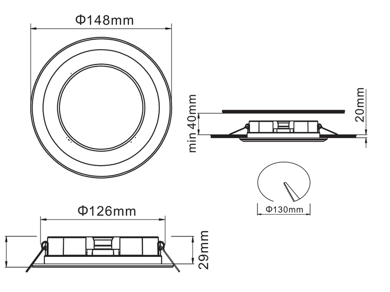 Runder LED Deckeneinbaustrahler 2er Set in Schwarz matt Ø 14,8cm, Ring