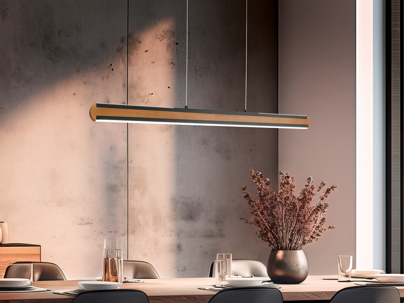 LED Holzbalken Pendelleuchte DEACON dimmbar über Touch, Breite 110cm
