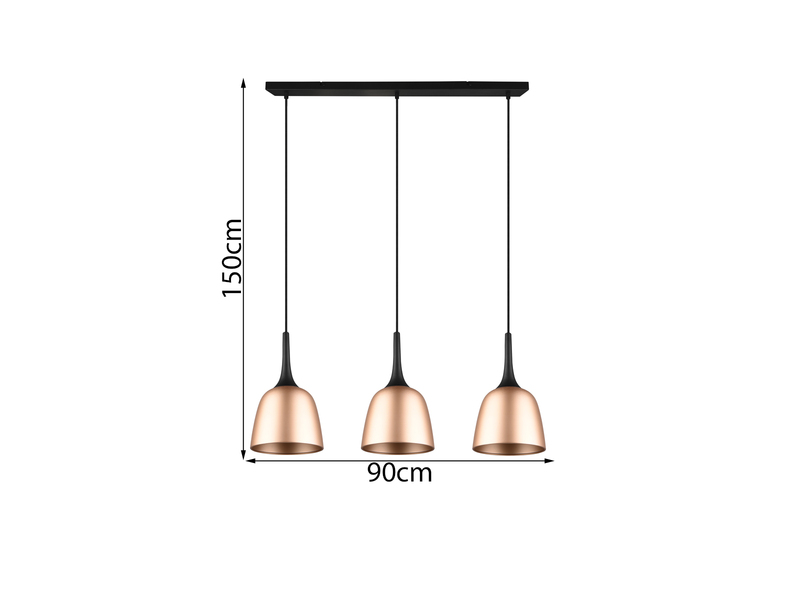 LED Pendelleuchte 3-flammig, Lampenschirme Messing, Länge 90cm