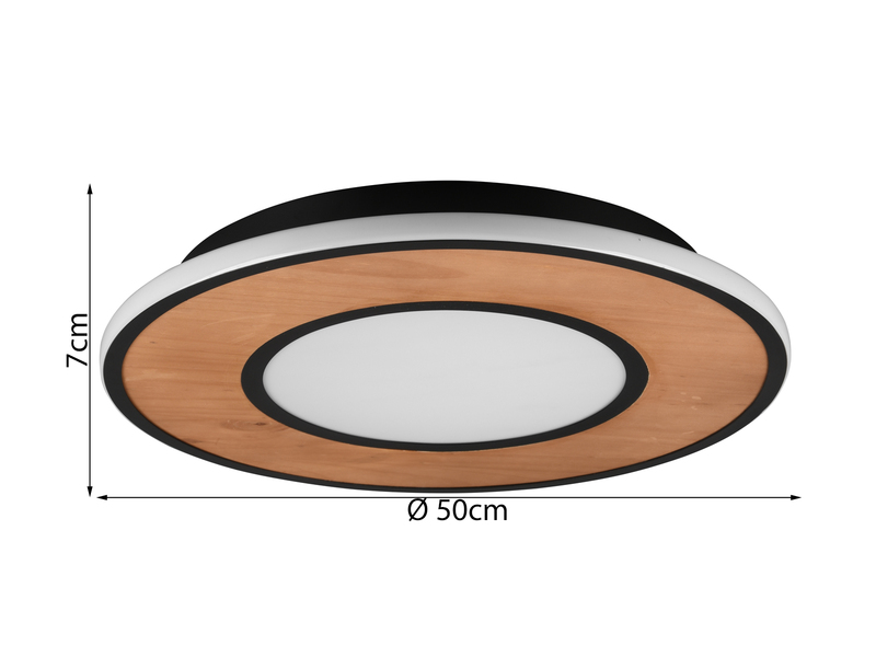 Flache LED Deckenleuchte DEACON mit Holz Ø 50cm, Braun-Schwarz