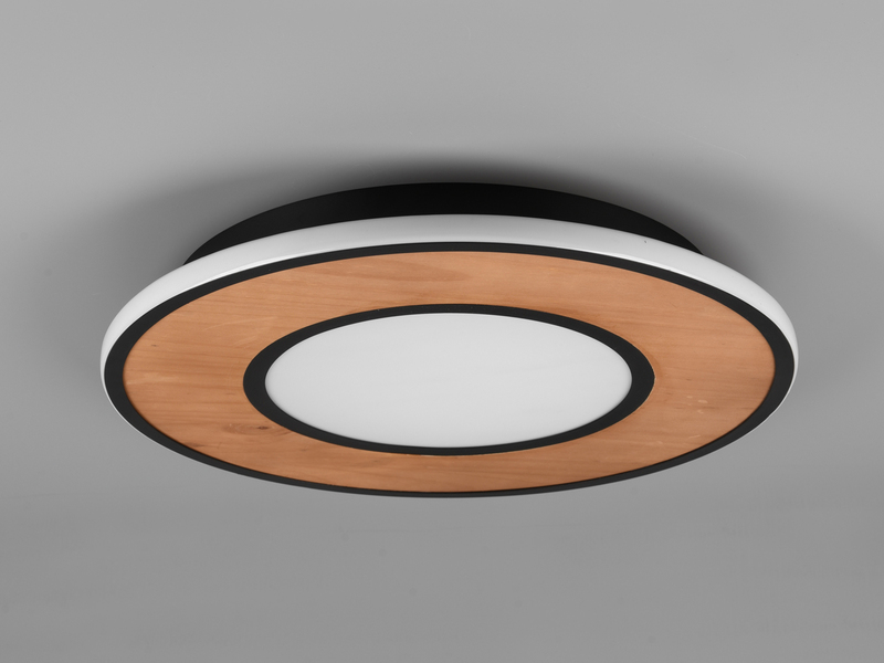 Flache LED Deckenleuchte DEACON mit Holz Ø 50cm, Braun-Schwarz