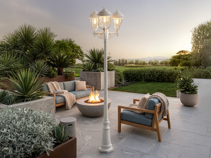 LED Straßenlaterne im Landhausstil, 3-flammig aus Aluminium Weiß, Höhe 218cm