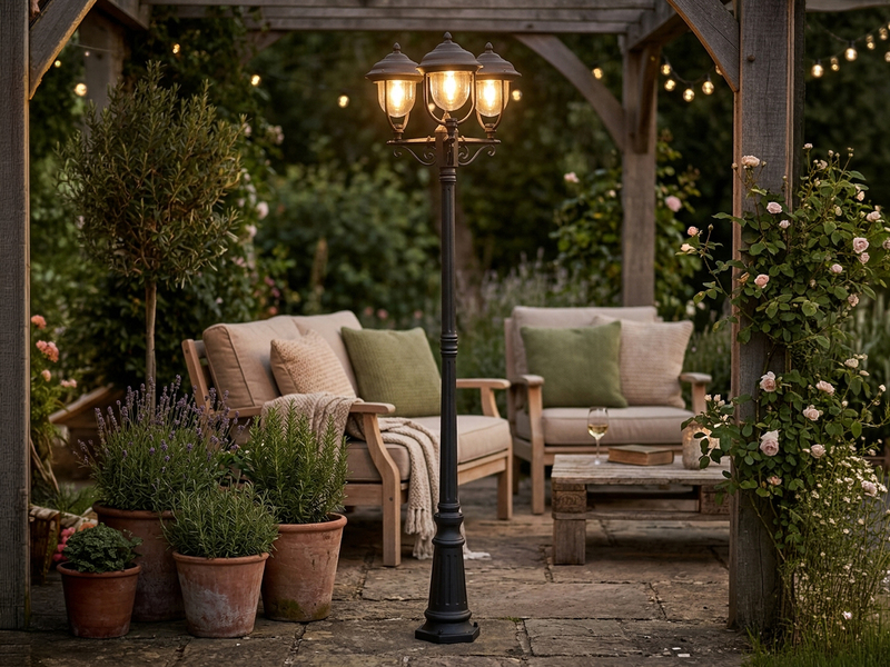 LED Straßenlaterne Kandelaber im Landhausstil, 3 flammig, schwarz, Höhe 218cm