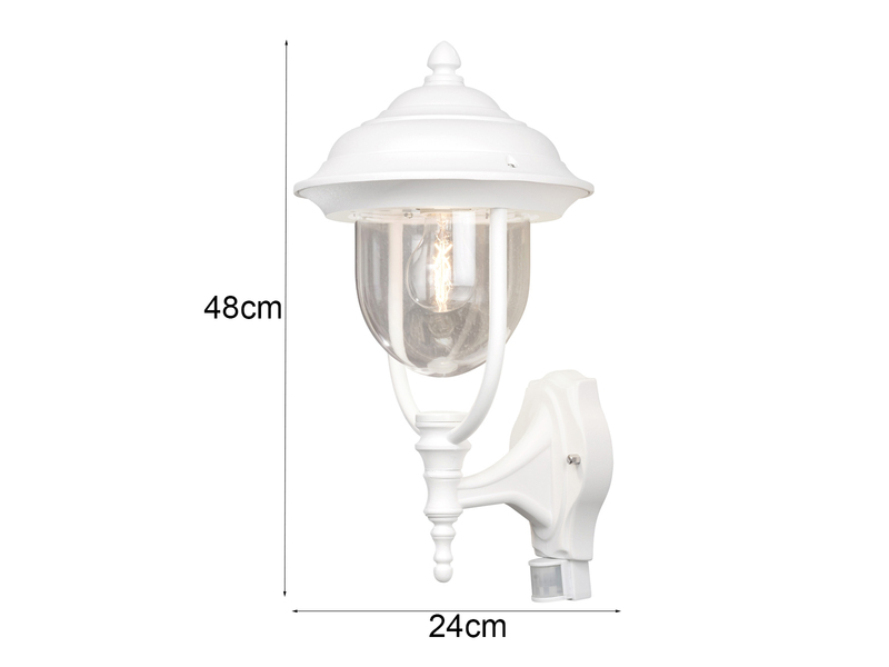 Große LED Außenwandleuchte im Landhausstil Weiß mit Bewegungsmelder, Höhe 48cm