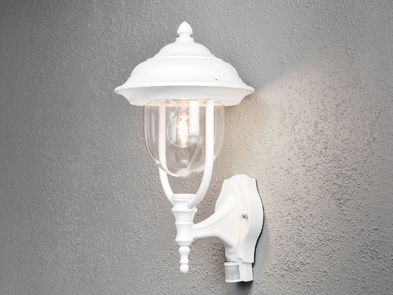 Große LED Außenwandleuchte im Landhausstil Weiß mit Bewegungsmelder, Höhe 48cm