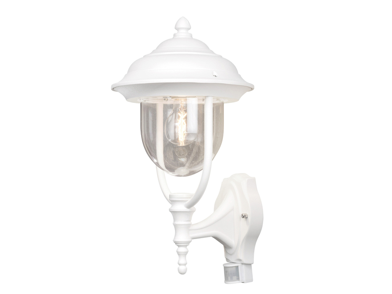 Große LED Außenwandleuchte im Landhausstil Weiß mit Bewegungsmelder, Höhe 48cm