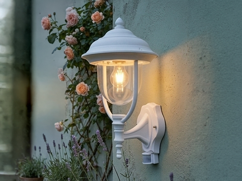 Große LED Außenwandleuchte im Landhausstil Weiß mit Bewegungsmelder, Höhe 48cm