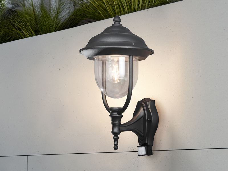 Große LED Außenwandleuchte im Landhausstil Schwarz mit Bewegungsmelder Höhe 48cm