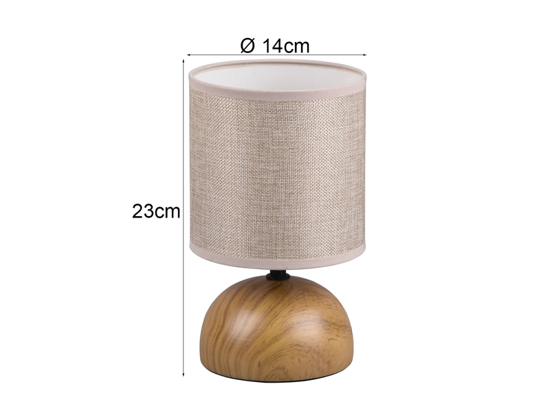Kleine Tischleuchte LUCI mit Keramikfuß Holzoptik & Stoffschirm, Höhe 23cm