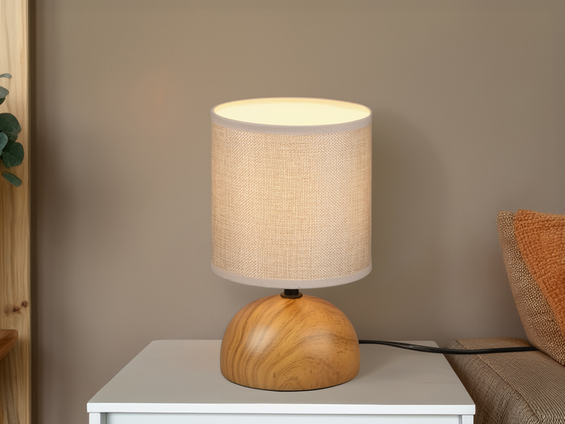 Kleine LED Tischleuchte Keramik in Holzoptik Stoffschirm Beige, Höhe 23cm