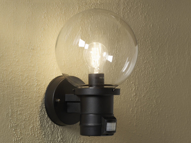 LED Außenwandleuchte mit Bewegungsmelder, Schwarz mit Glas Kugel Ø 20cm