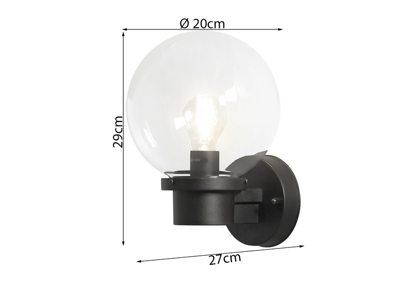 LED Außenwandleuchte mit Dämmerungssensor, Schwarz mit Glas Kugel Ø 20cm