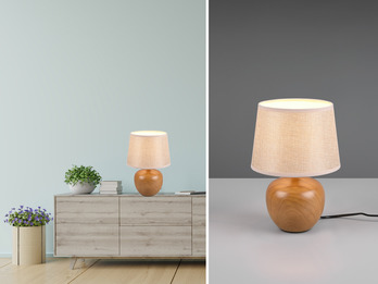 LED Tischleuchte Keramik in Holzoptik mit Stoffschirm Beige, Höhe 26cm
