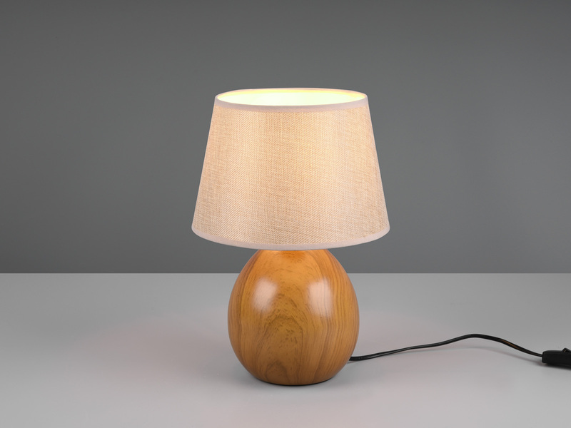 LED Tischleuchte Keramik in Holzoptik mit Stoffschirm Beige, Höhe 35cm