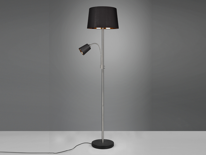 Große Stehlampe HENTA mit Leselampe, Stoffschirm Schwarz Gold Höhe 180cm