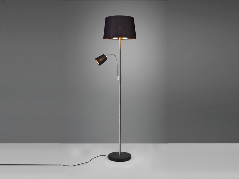 Große Stehlampe HENTA mit Leselampe, Stoffschirm Schwarz Gold Höhe 180cm