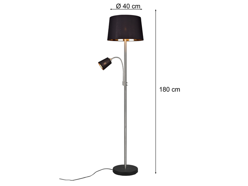 Große Stehlampe HENTA mit Leselampe, Stoffschirm Schwarz Gold Höhe 180cm