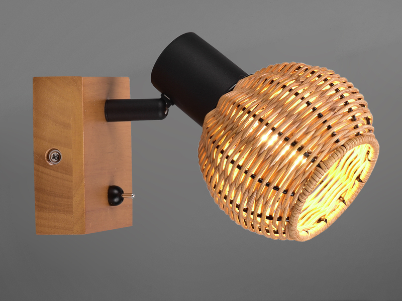 Wandstrahler TAVAR mit Schalter, Holz & Rattan Korbgeflecht, Breite 10,5cm