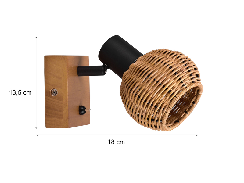Wandstrahler TAVAR mit Schalter, Holz & Rattan Korbgeflecht, Breite 10,5cm