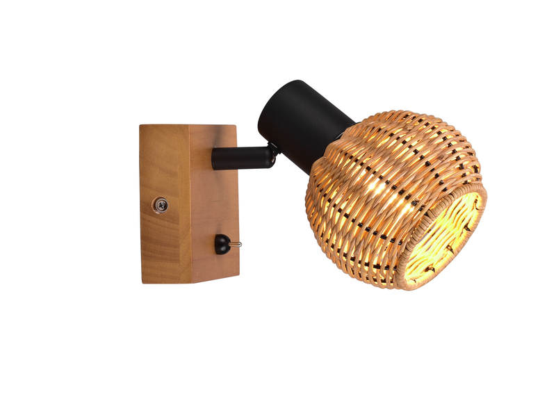 Wandstrahler TAVAR mit Schalter, Holz & Rattan Korbgeflecht, Breite 10,5cm