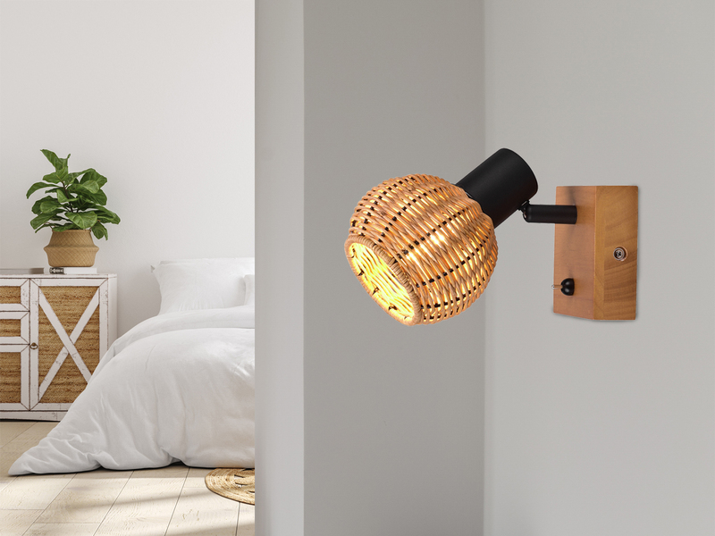 Wandstrahler TAVAR mit Schalter, Holz & Rattan Korbgeflecht, Breite 10,5cm