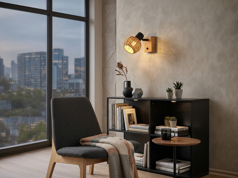 Wandstrahler TAVAR mit Schalter, Holz & Rattan Korbgeflecht, Breite 10,5cm