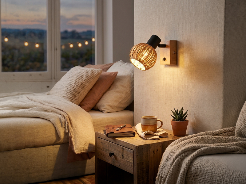 Wandstrahler TAVAR mit Schalter, Holz & Rattan Korbgeflecht, Breite 10,5cm