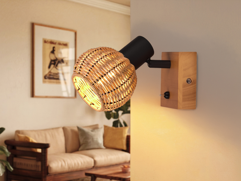 Wandstrahler TAVAR mit Schalter, Holz & Rattan Korbgeflecht, Breite 10,5cm