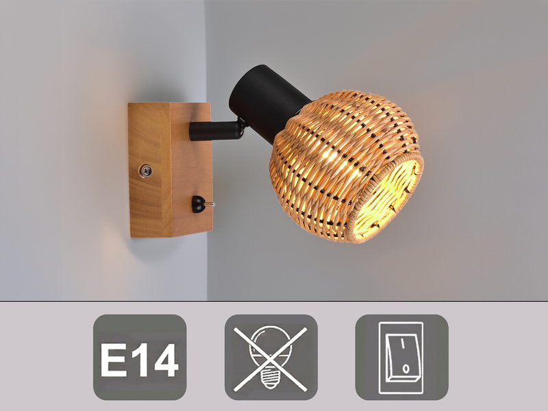 Wandstrahler TAVAR mit Schalter, Holz & Rattan Korbgeflecht, Breite 10,5cm