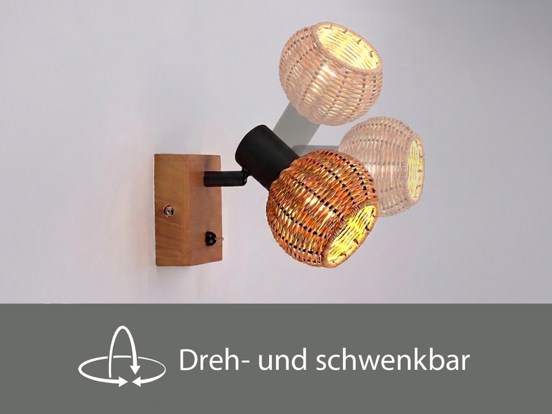 Wandstrahler TAVAR mit Schalter, Holz & Rattan Korbgeflecht, Breite 10,5cm